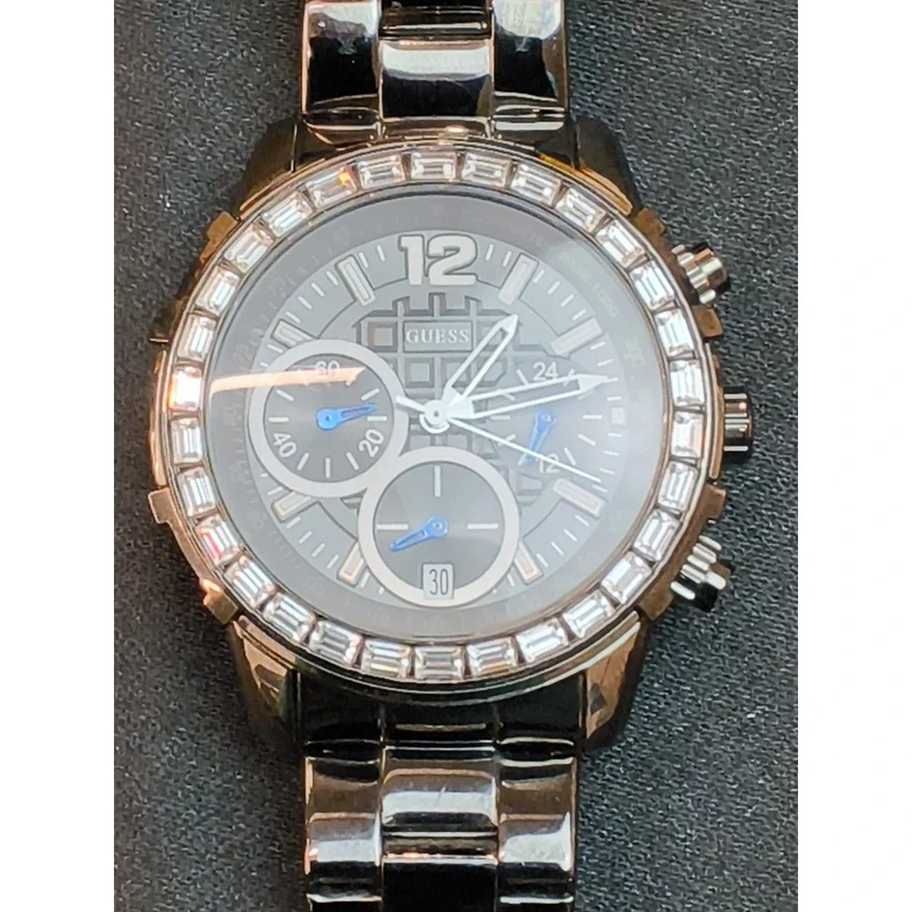 Guess Gun Metal Toned Chronograph Women's Watch U0016L3 WR 330' Jeweled #W5151